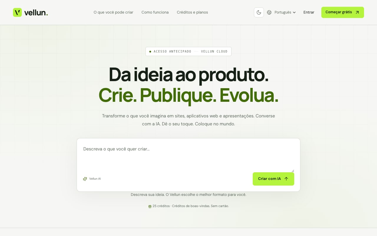 Tela inicial do Vellun com campo para descrever uma ideia